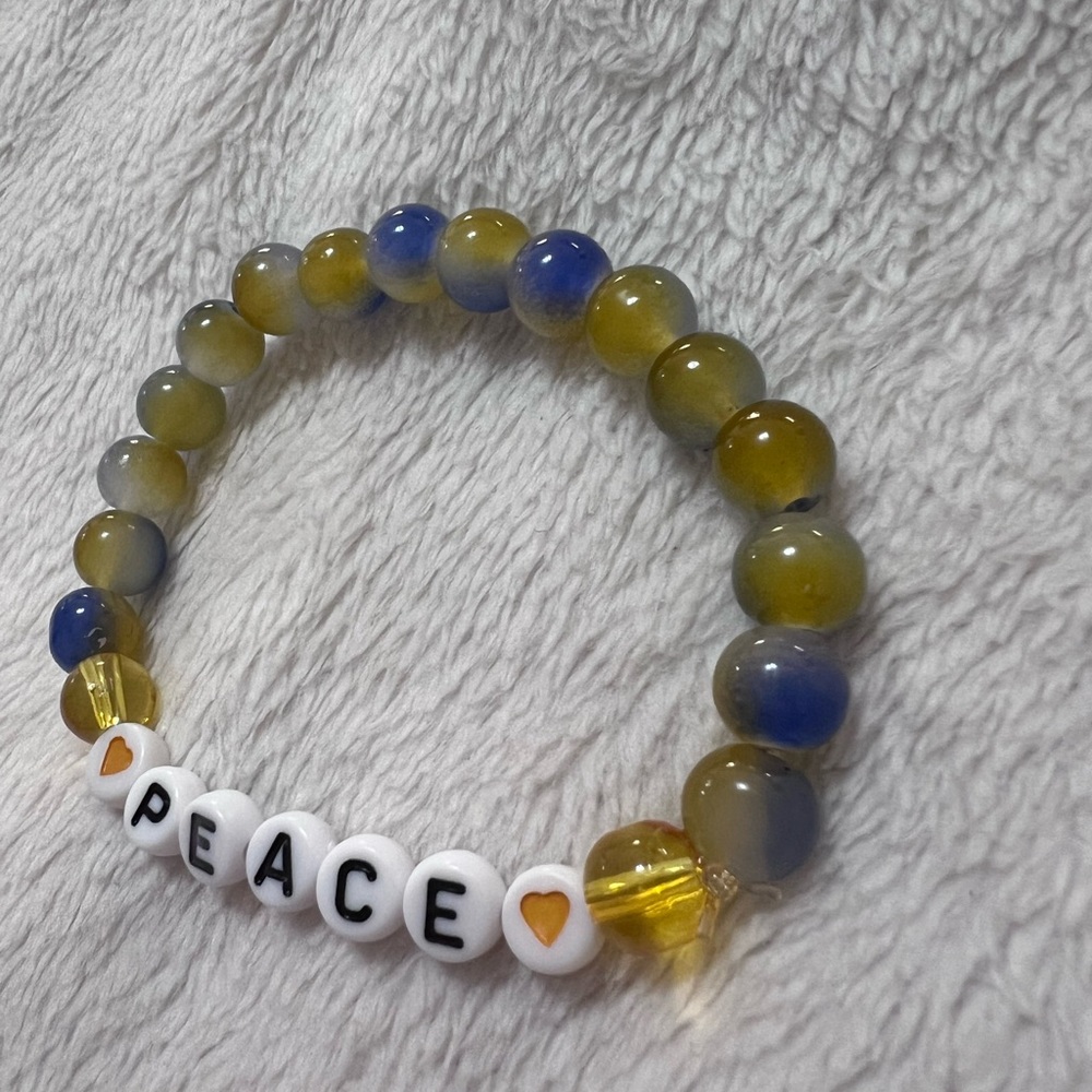 Handmade Blue & Yellow “Peace” for Ukraine Inspired Beaded Bracelet, Size 7” - Picture 2 of 3